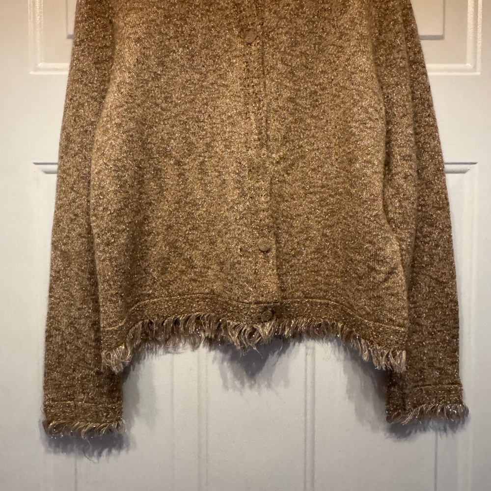 Kate Hill Tan Cardigan with Fringe Detail Metallic Gold Threading
